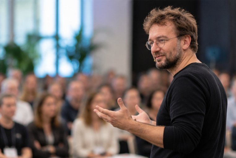 Simon Steiner spricht vor Publikum auf einer Tagung
