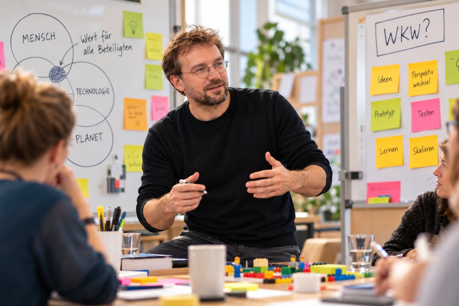 Simon Steiner im Workshop mit einer Arbeitsgruppe, auf dem Tisch Moderationsmaterial
